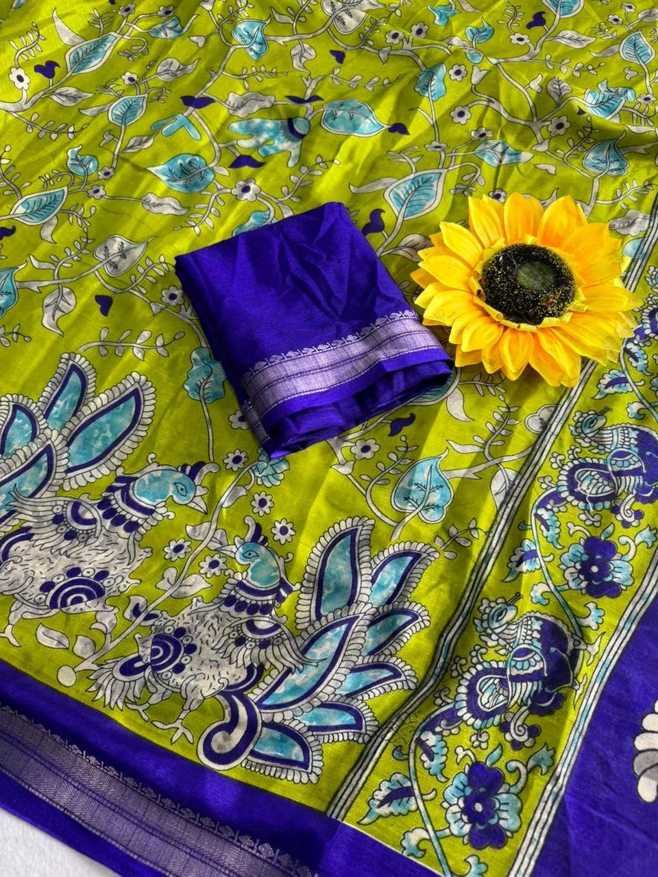 Jequrd Kalamkari Print Saree with Royal Blue Border 4