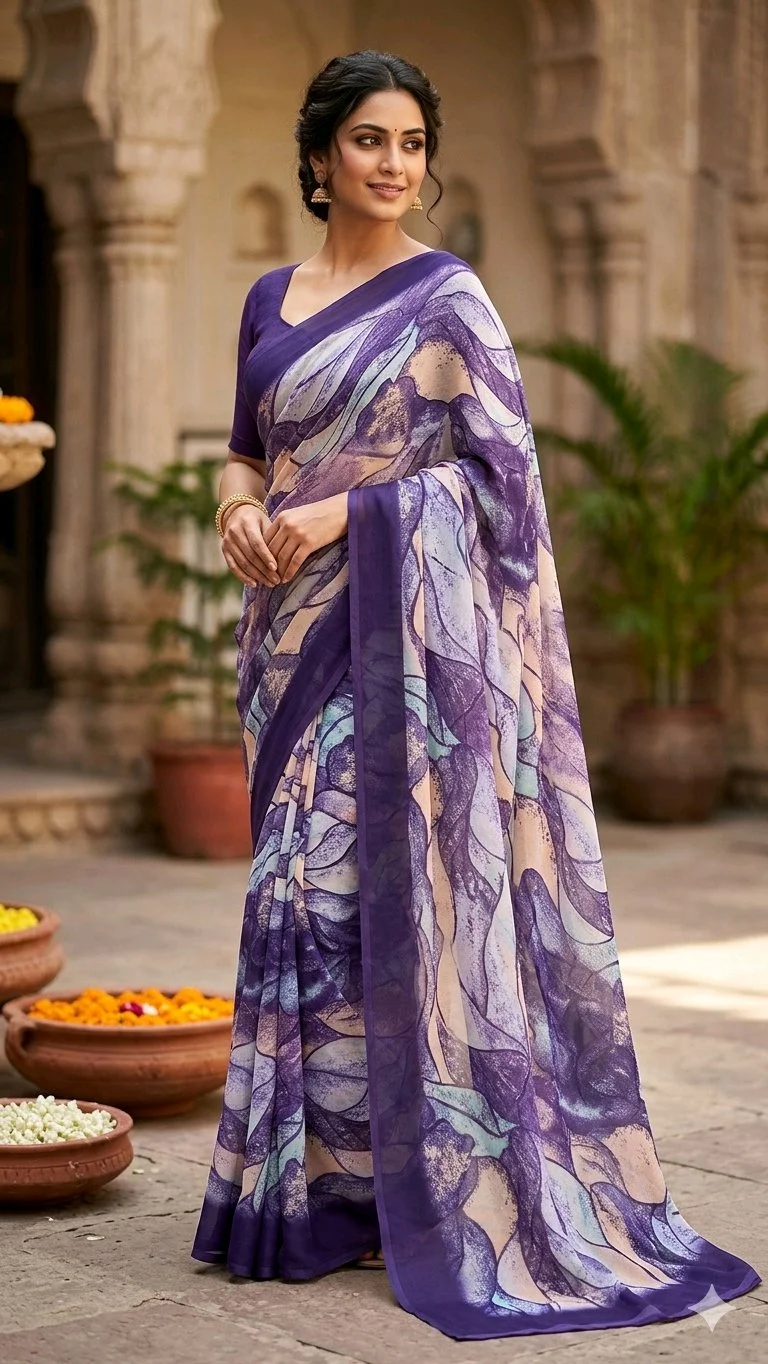 Combo Offer Purple Abstract Print & Aqwa Blue Chiffon Saree 1