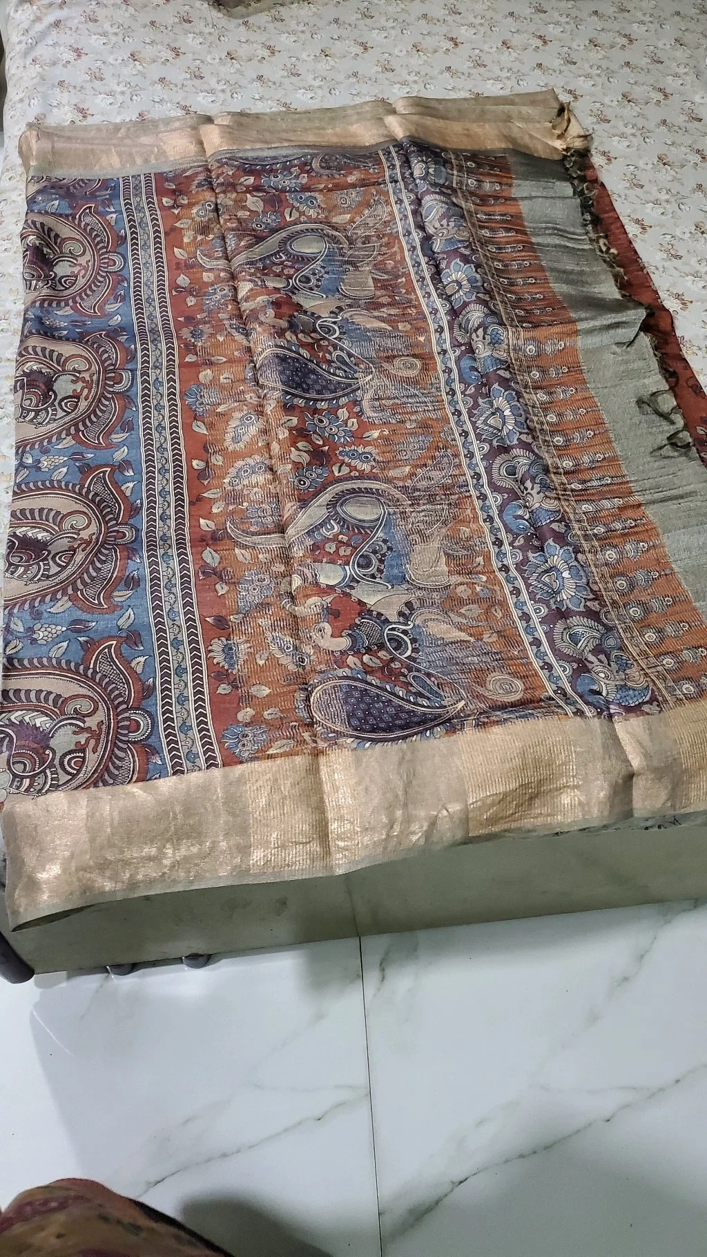 Rust Kalamkari Print Tusser Silk Saree with Zari Border thumbnail 3