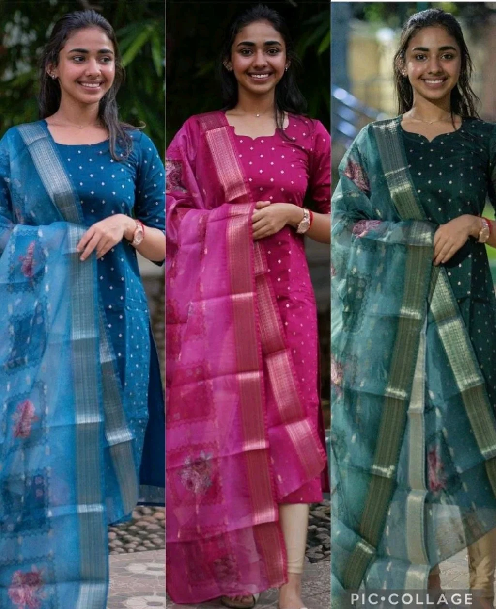 Chanderi Cotton Kurti Set with Floral Organza Dupatta thumbnail 1