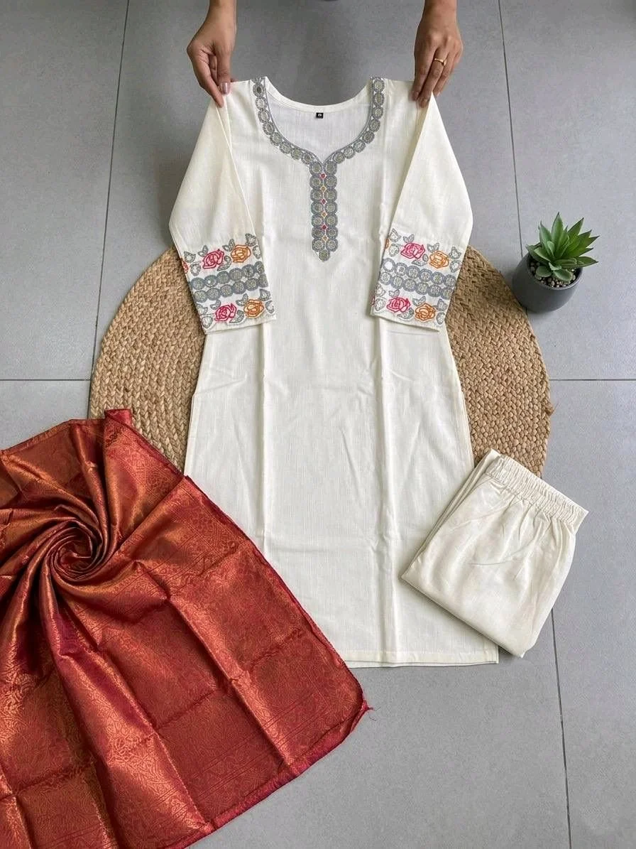 3-piece Kurta Set with Floral Dupatta thumbnail 3