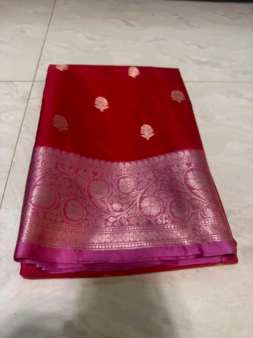 Red Banarasi Silk Saree with Pink Zari Border thumbnail 1
