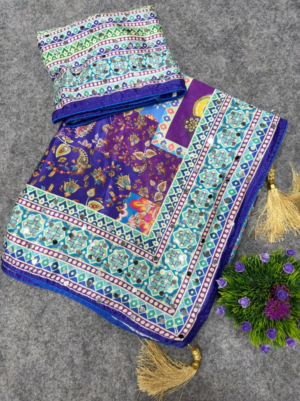 Multi-Color Mirror Chinnon Silk Work Saree with Embellished Blouse 3