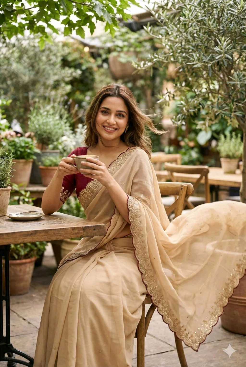 Georgette Saree with Gold Sequin Embroidery and Red Scalloped Border 6