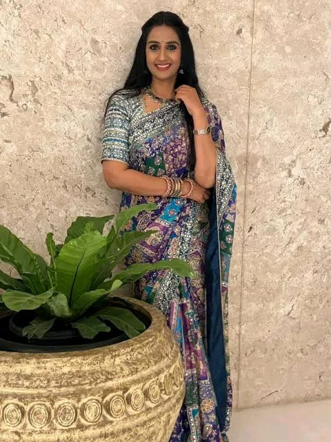 Laya Mam Inspired Viral Trending Saree Multi-Color Embroidered Saree with Mirror Work 3