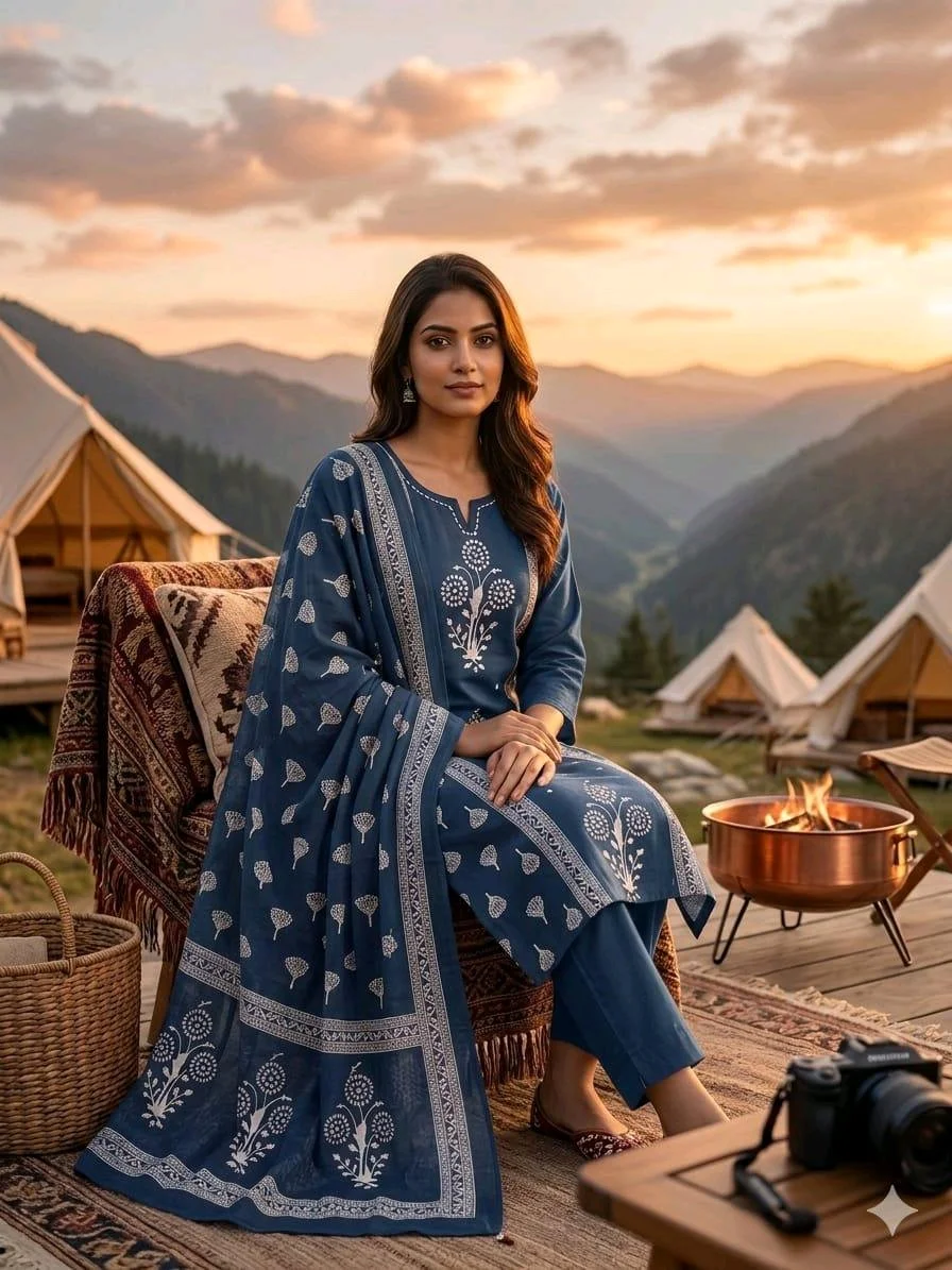 3-piece Kurti Set with Block Print Dupatta and Palazzo thumbnail 7