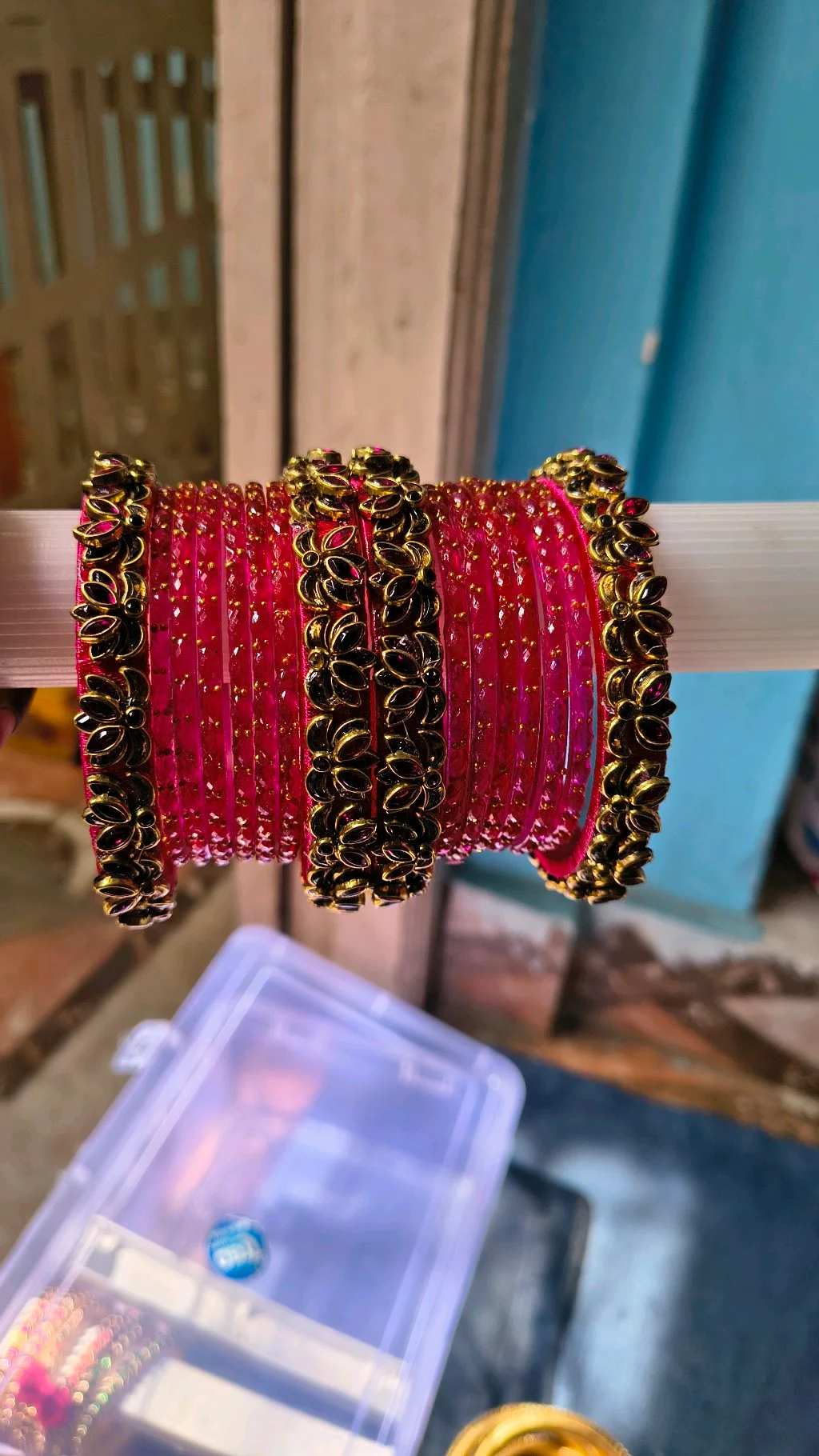 Bright Pink Glass Bangles with Floral Design