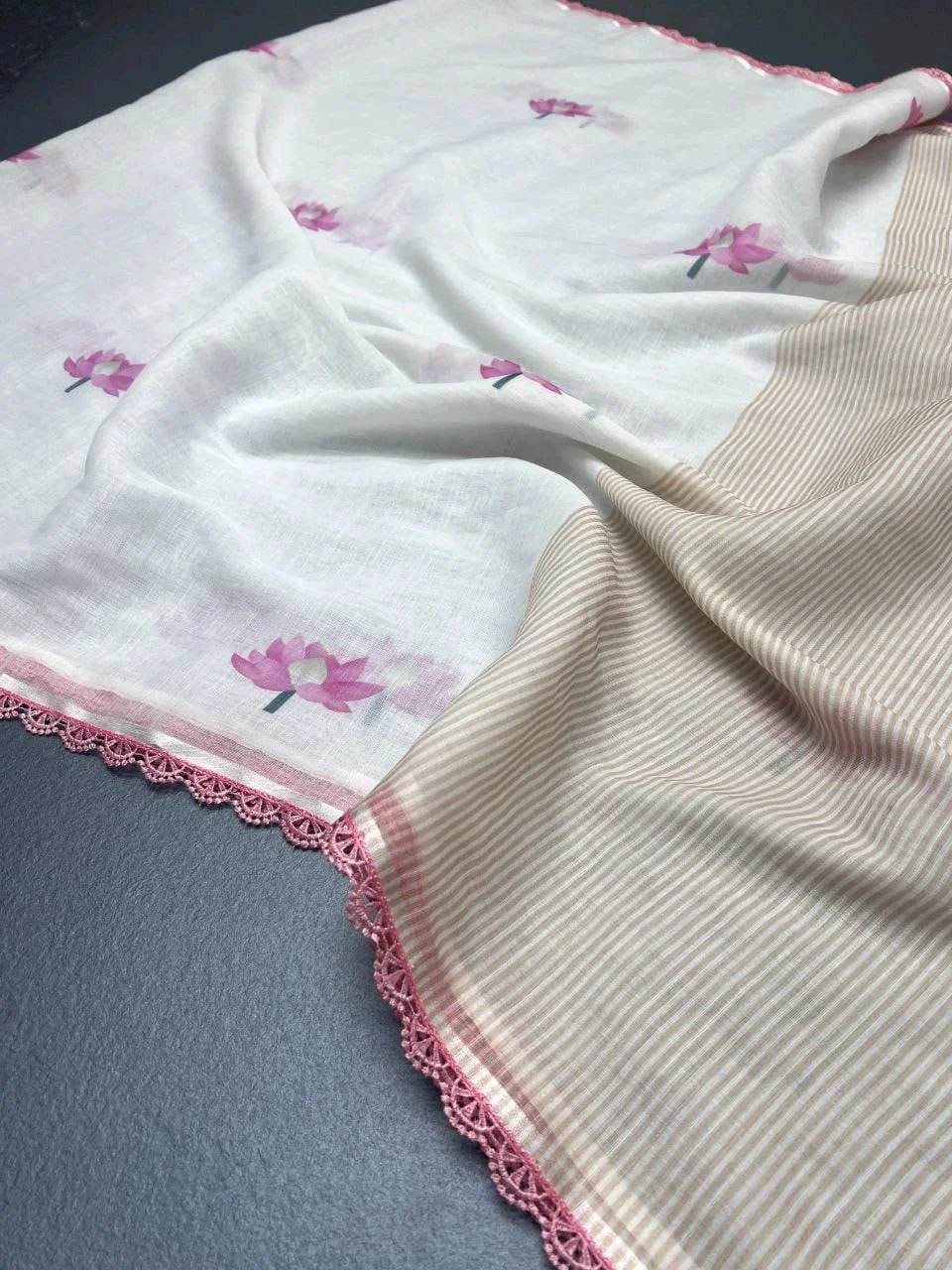 White Lenin Saree with Purple Lotus Motifs and Crochet Border 7
