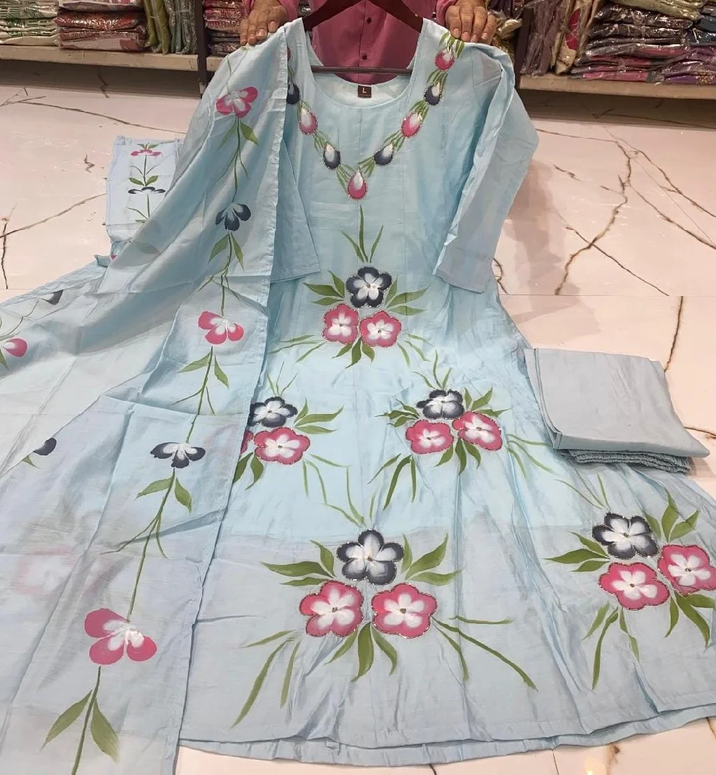 Sky Blue Roman SilkHandpainted Floral Anarkali Kurta Set with Dupatta 2
