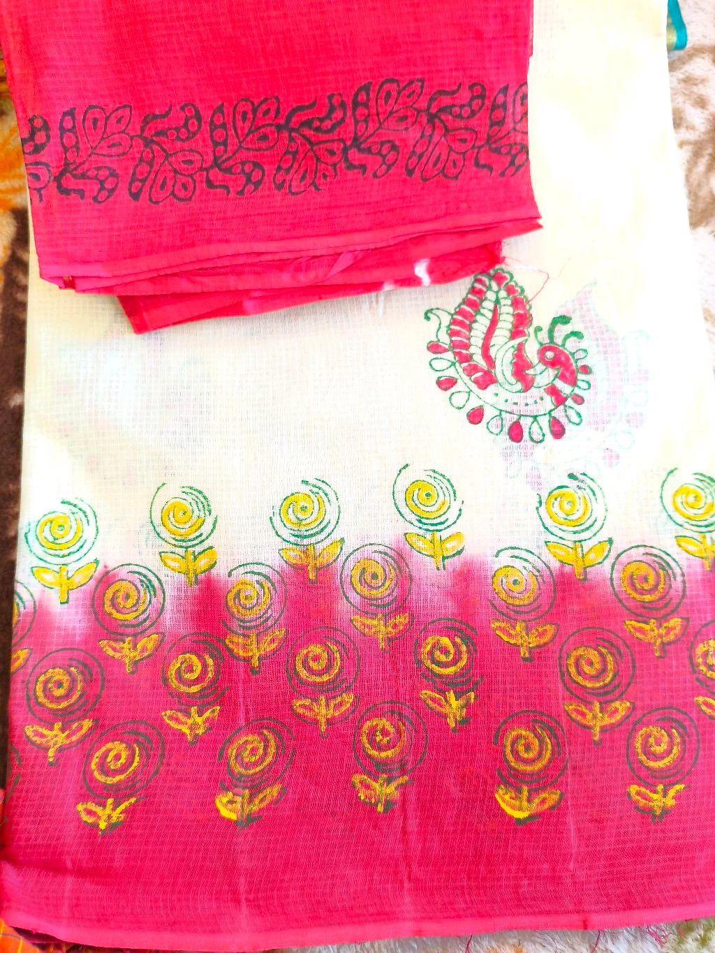 White and Pink Floral Peacock Cotton Saree 1
