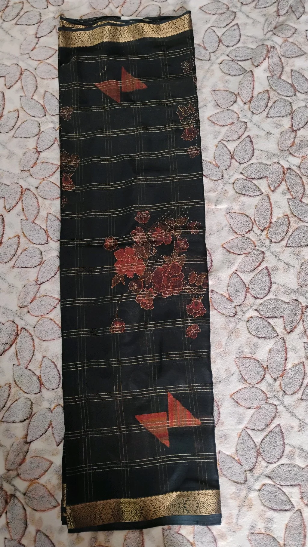 Black Silk Blend Saree with Gold Checkered Pattern and Floral Print thumbnail 2