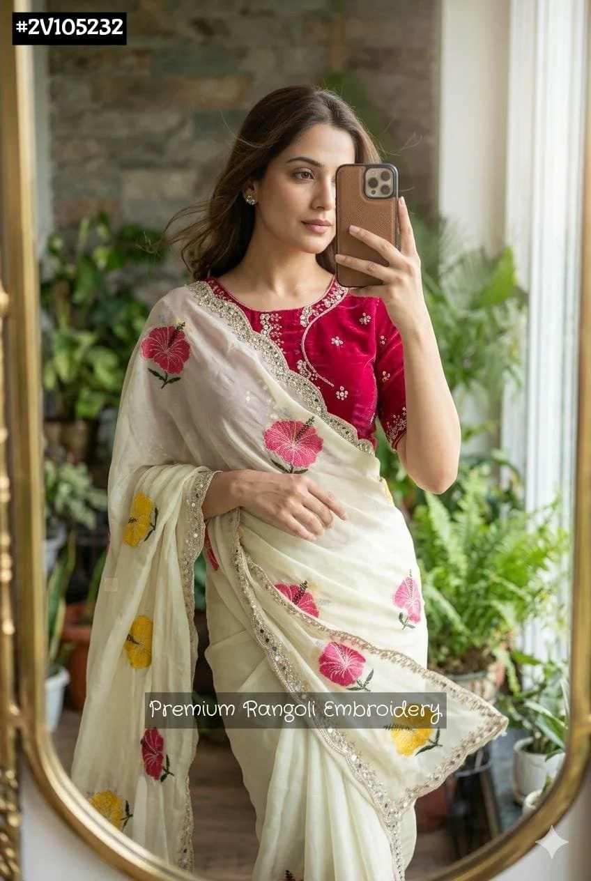 Cream Saree with Premium Rangoli Floral Embroidery and Mirror Work