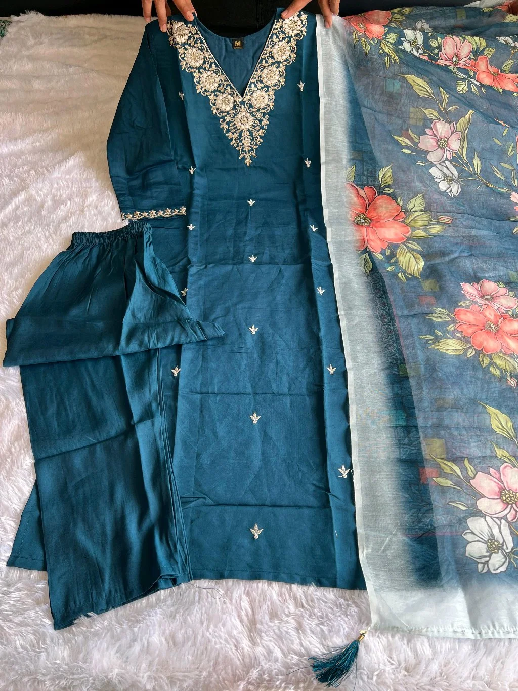 Peacock Blue Embroidered Kurti Set with Floral Dupatta 4