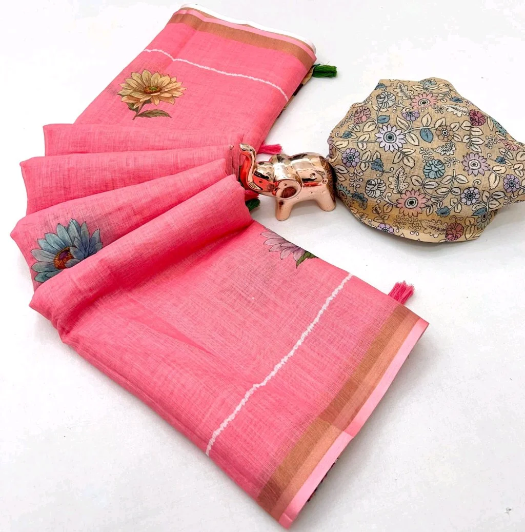 Floral Print Linen Blend Saree with Blouse Piece 5