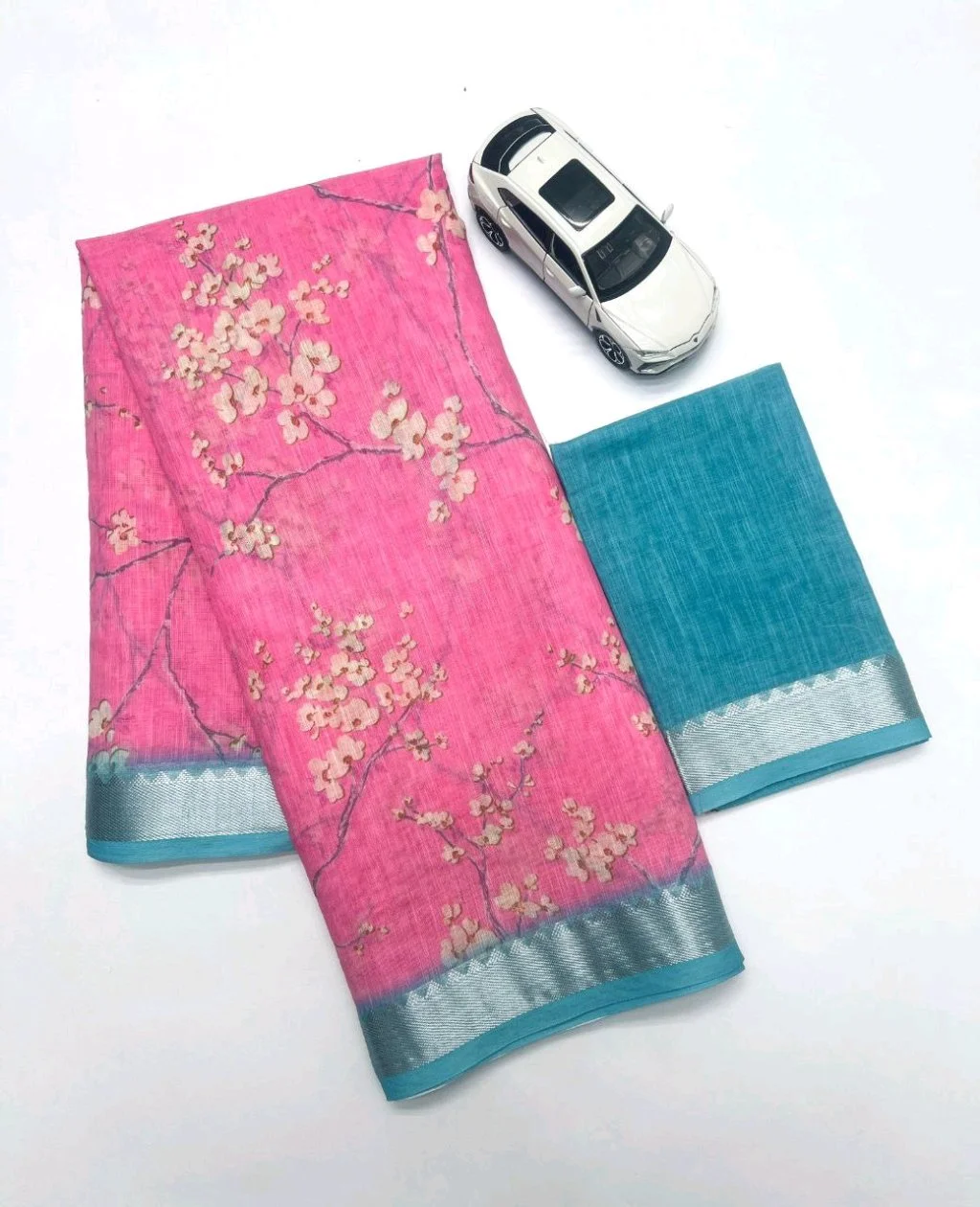 Soft Floral Linen Saree with Teal Blouse Piece thumbnail 1