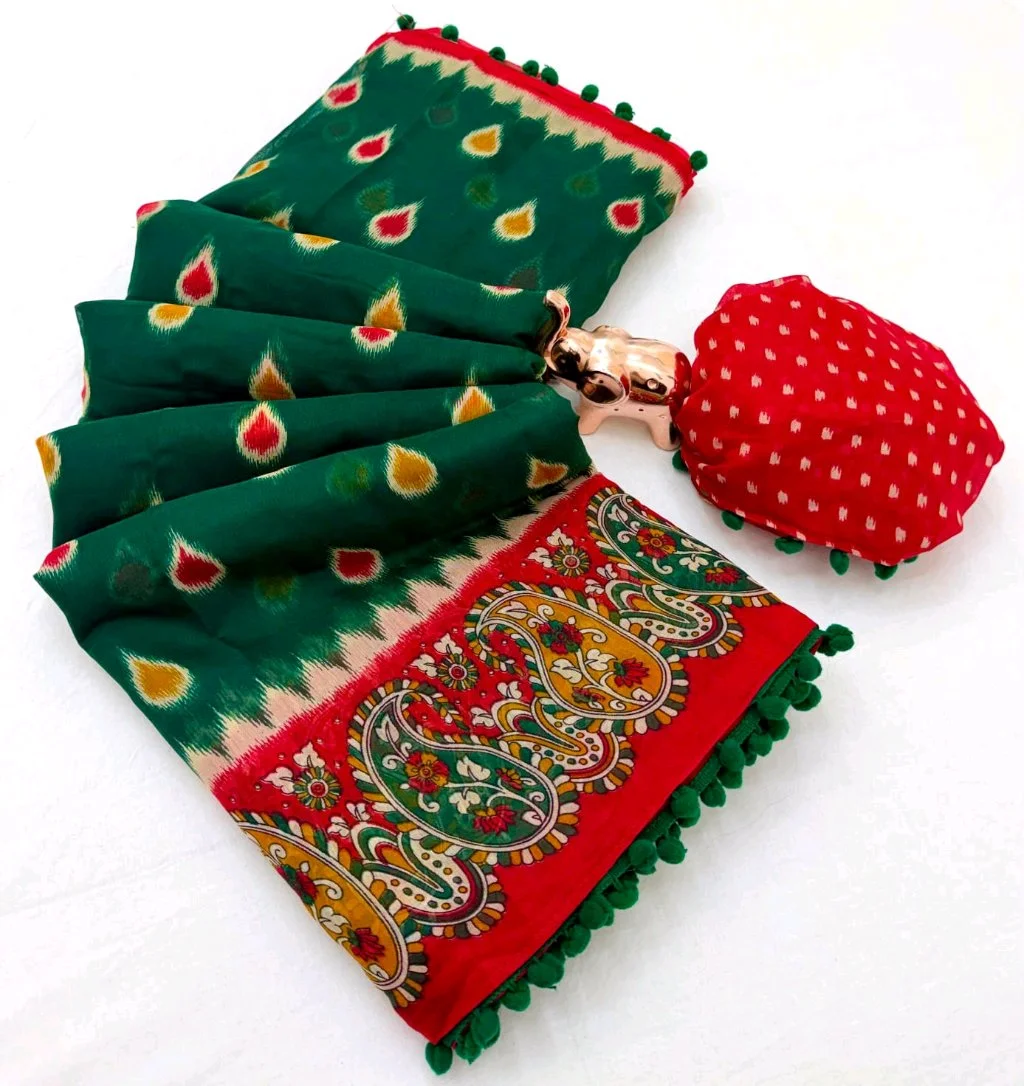 Yellow and Red Printed Saree with Pom Poms 5