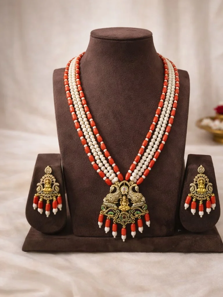 Traditional Coral and Pearl Temple Necklace Set