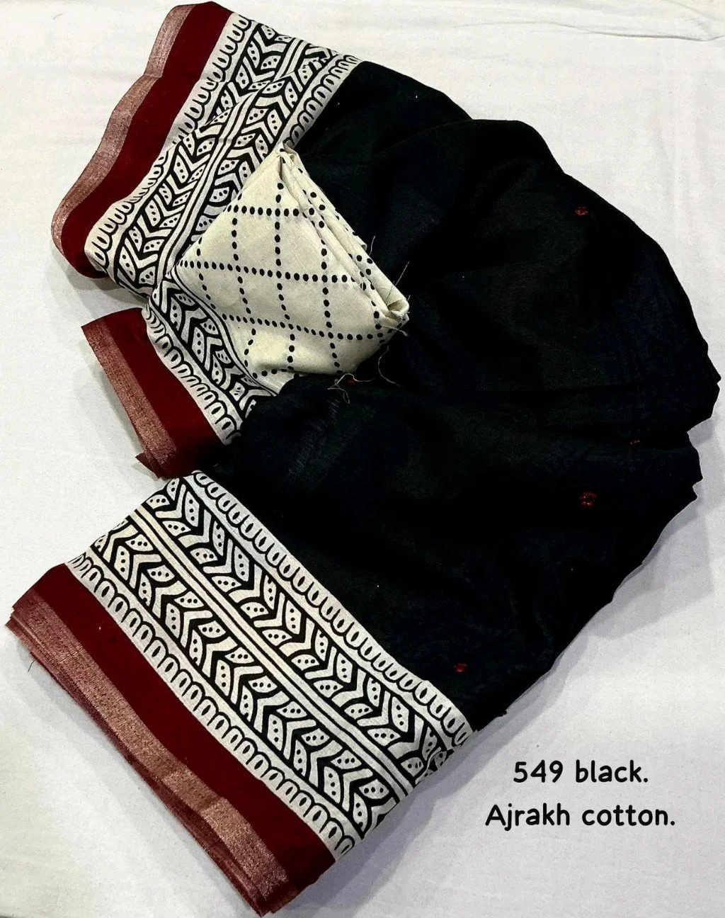 Ajrakh Cotton Saree with Red Prints 6