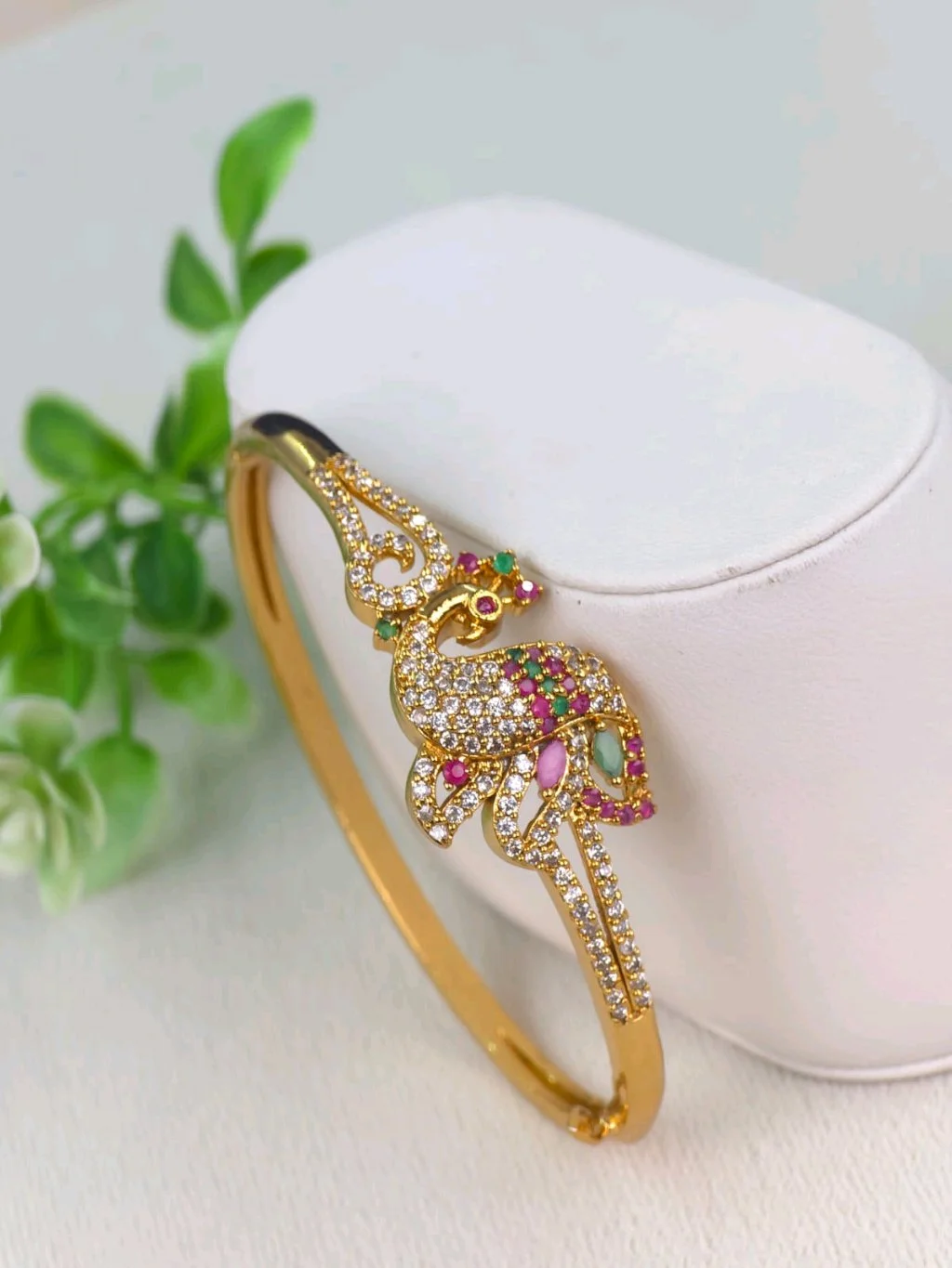 Gold Plated Peacock Design Bangle with Multi-Color Stones 1