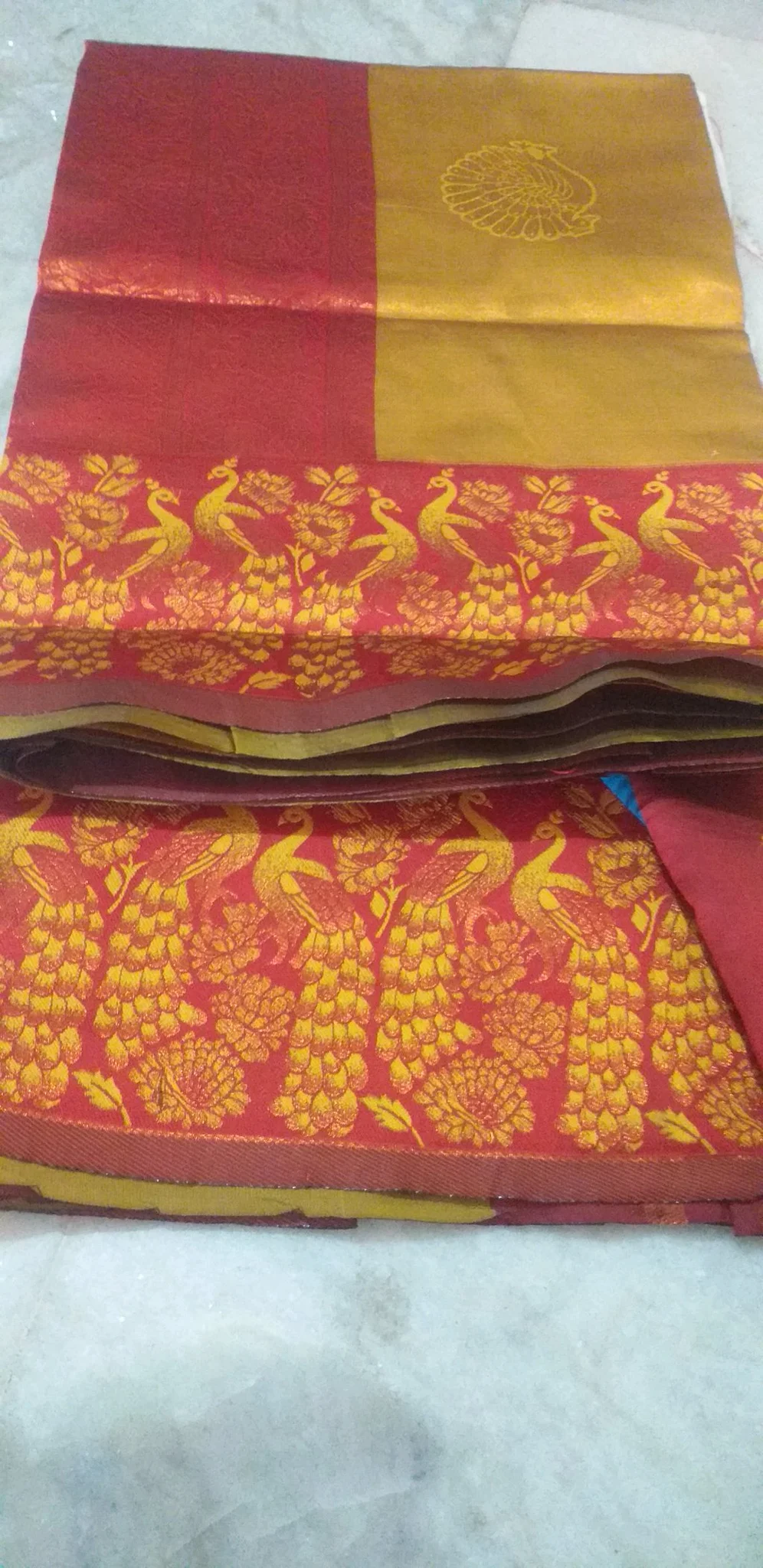 Golden Yellow and Maroon Silk Saree w1ith Peacock Zari Work and maroon buta blouse thumbnail 2