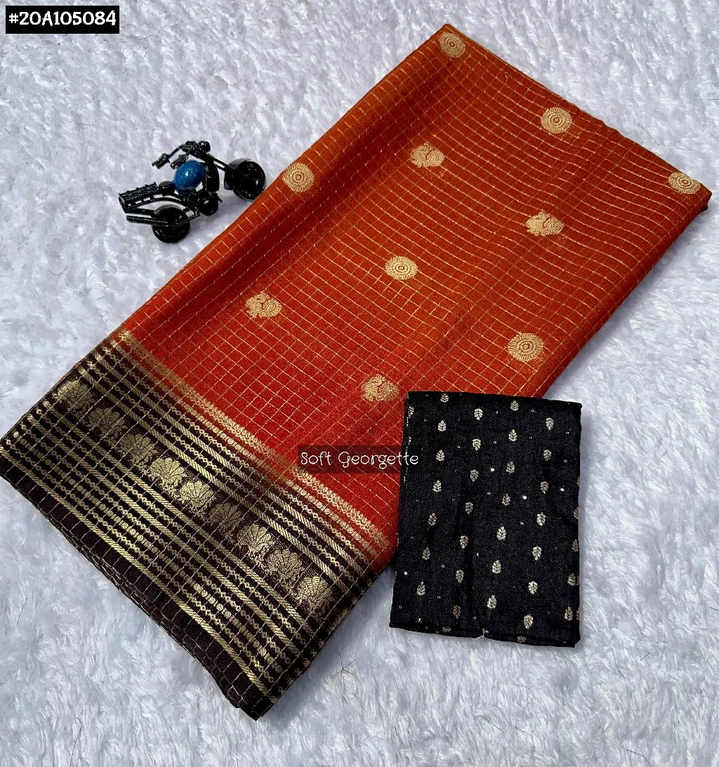 Soft Georgette Checkered Saree with Zari Border thumbnail 4