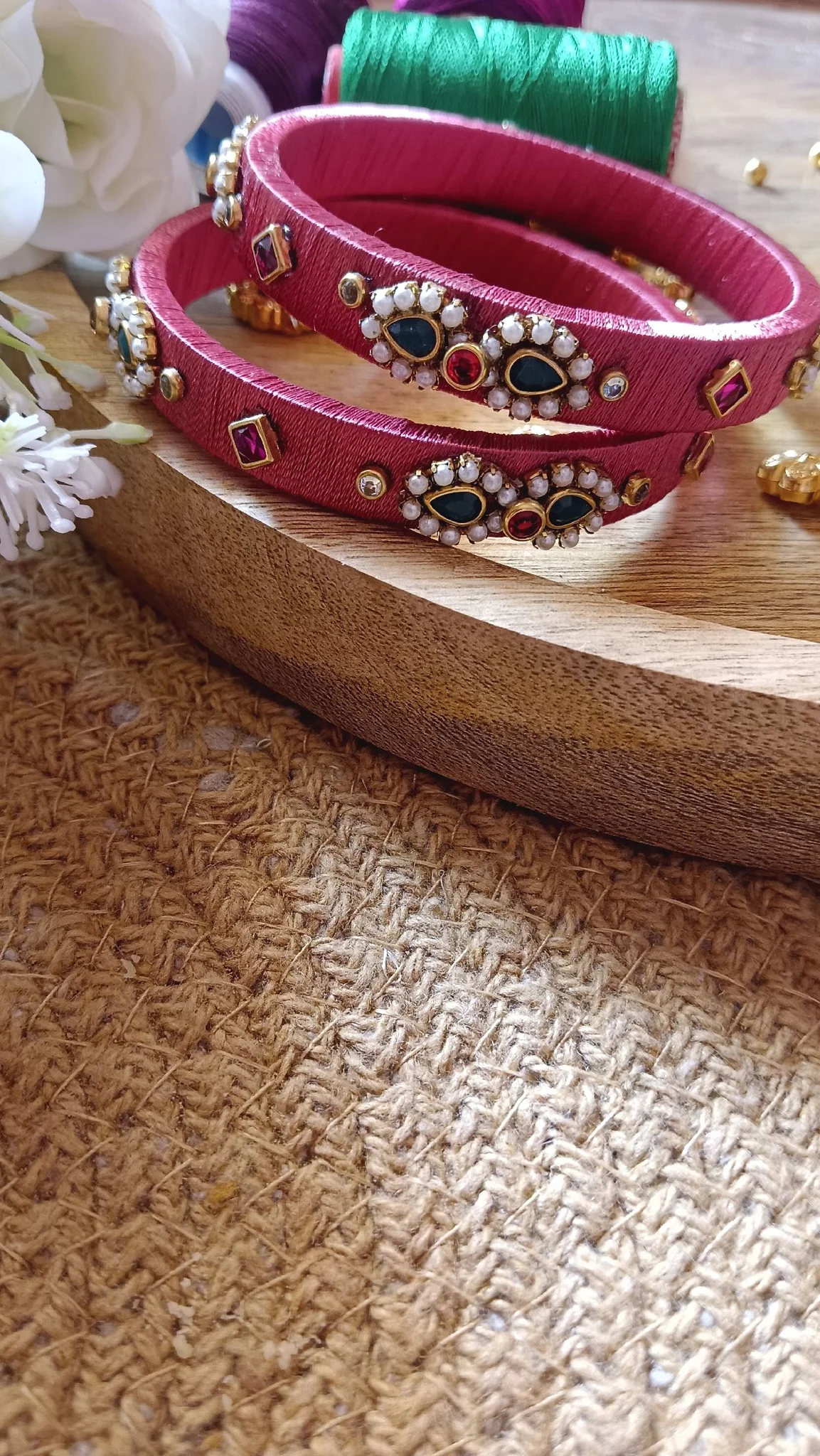 Pearl-Drop Rani Pink Silk Thread Bangles 3
