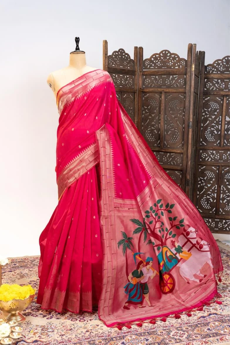 Magenta Paithani Style Silk Saree with Folk Art Painted Pallu 1
