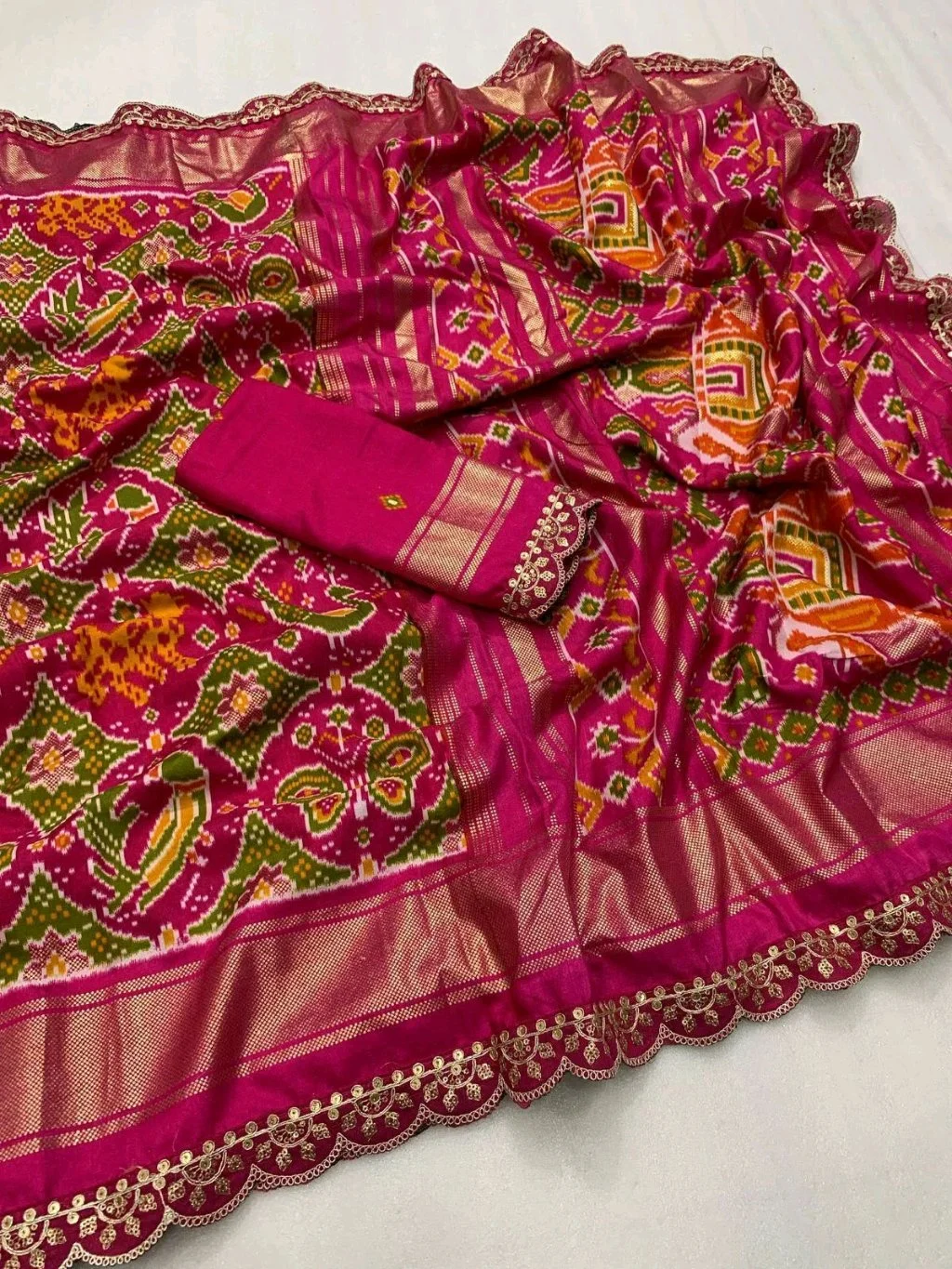 Red Ikat Saree with Blue Striped Pallu 4