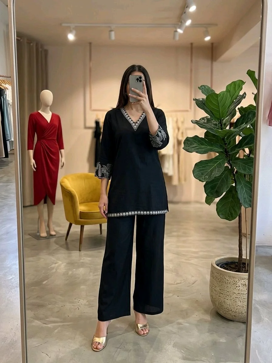 Embroidered V Neck Solid Co-ord Sets 6