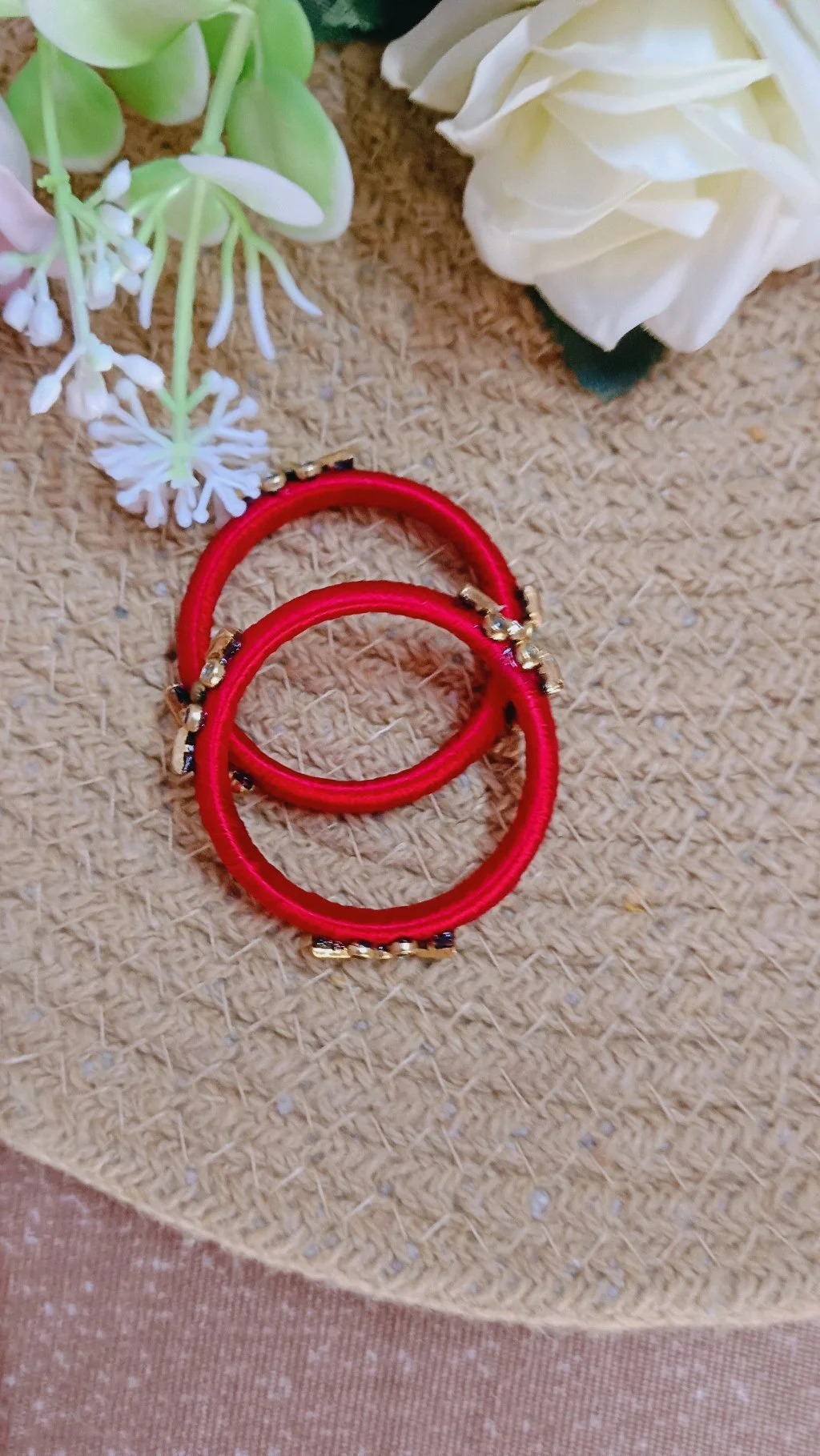 Red Silk Thread Bangles with Gold Kundan Stone Work thumbnail 3