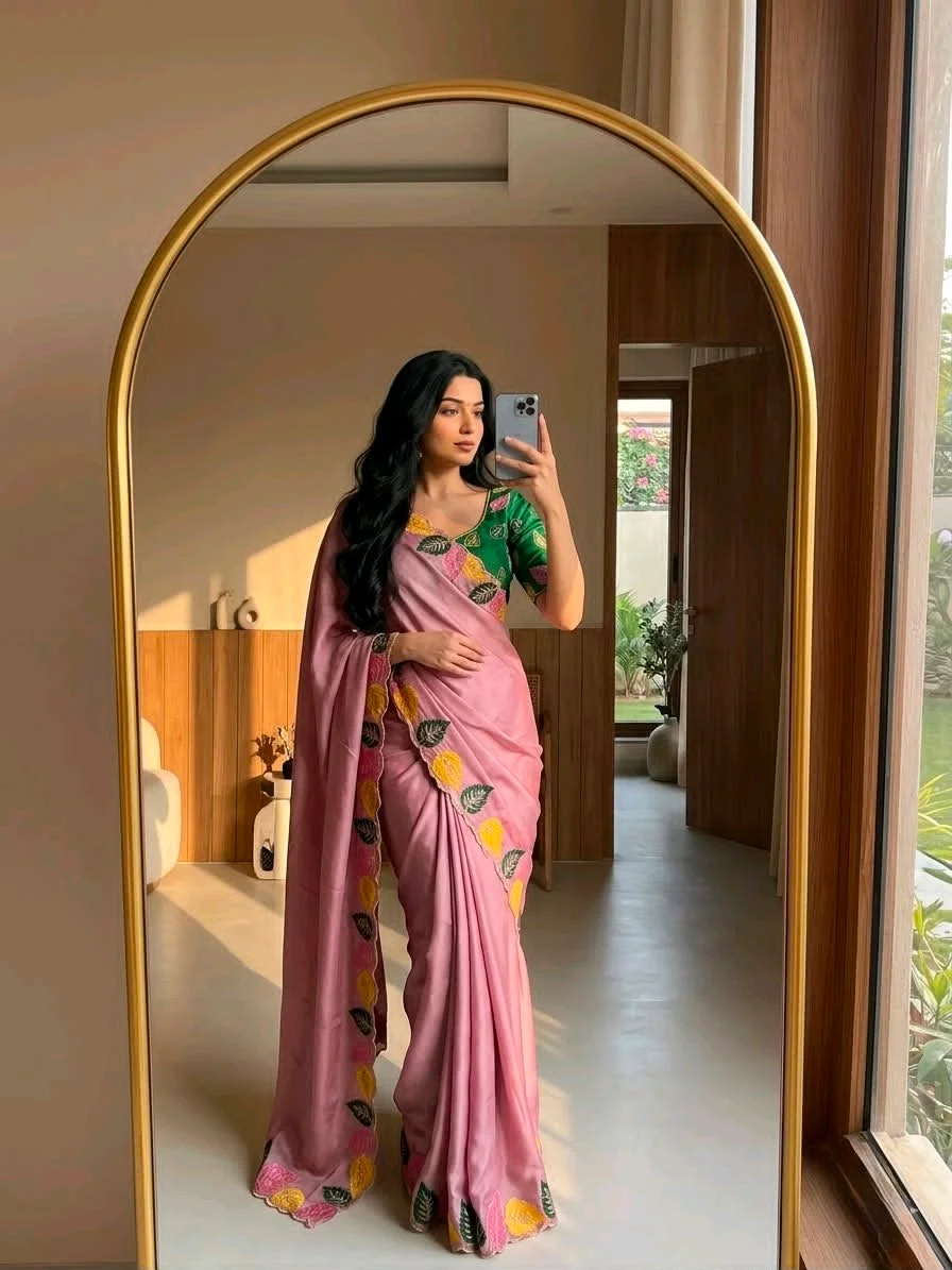 Rangoli Soft Silk Saree with Leaf Embroidery and Contrast Blouse 5