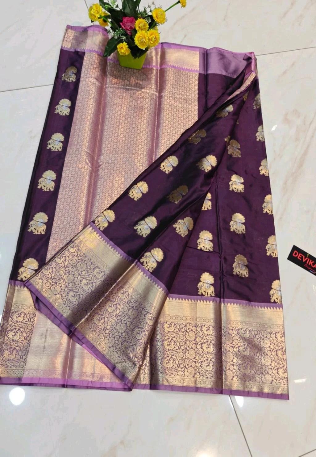 New Kanjivaram Soft Pattu Silk Blend Saree with Gold Zari Elephant Peacock Border 7