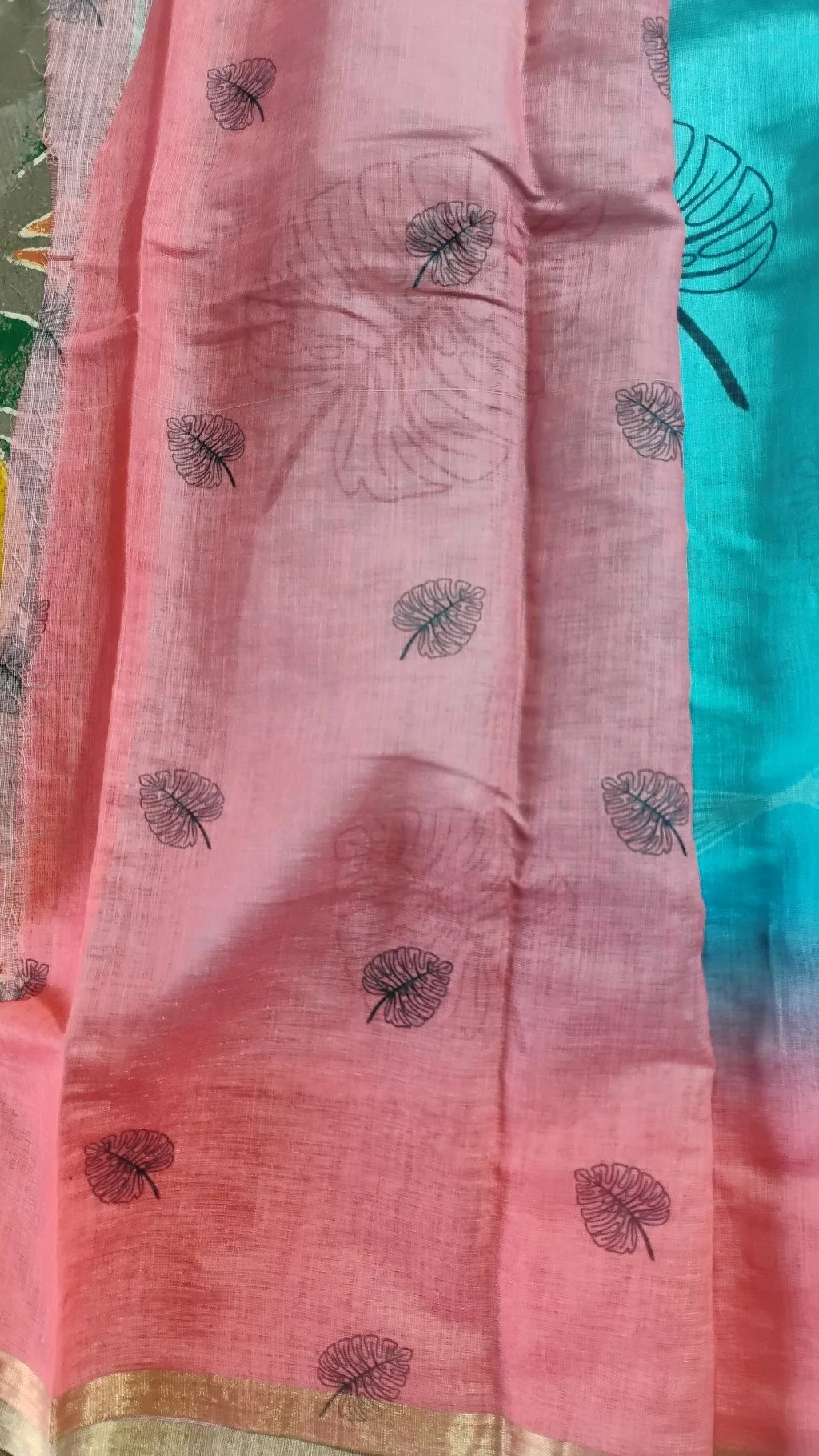 Aqua Blue Ombre Linen Saree with Leaf Print thumbnail 4