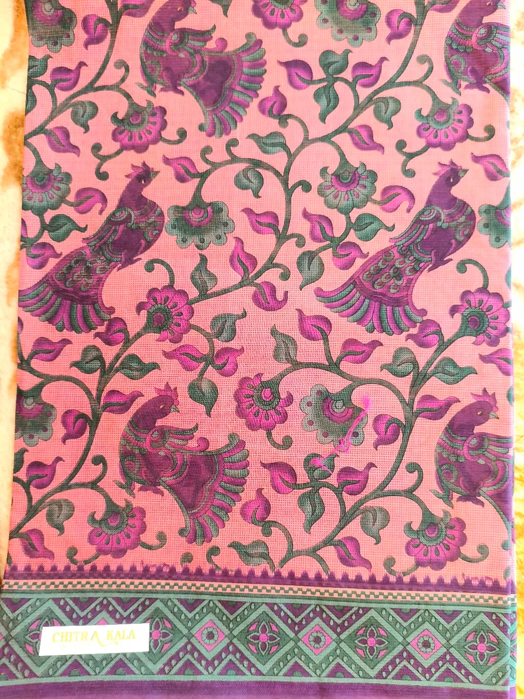 Chitra Kala Pink Cotton Saree with Peacock and Floral Print thumbnail 2