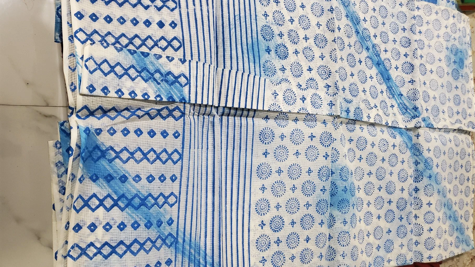 Blue and White Block Print Cotton Organdi Saree 2