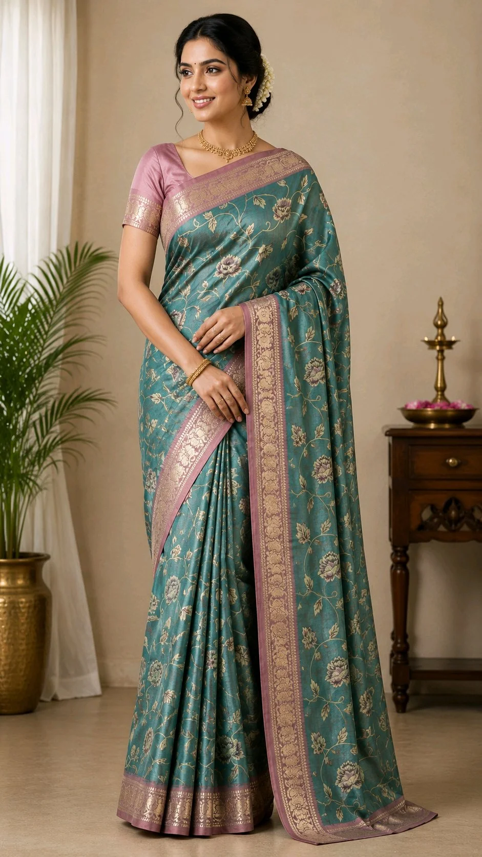 Maheshwari Silk Saree,Teal Floral Silk Blend Saree with Mauve Zari Border thumbnail 1