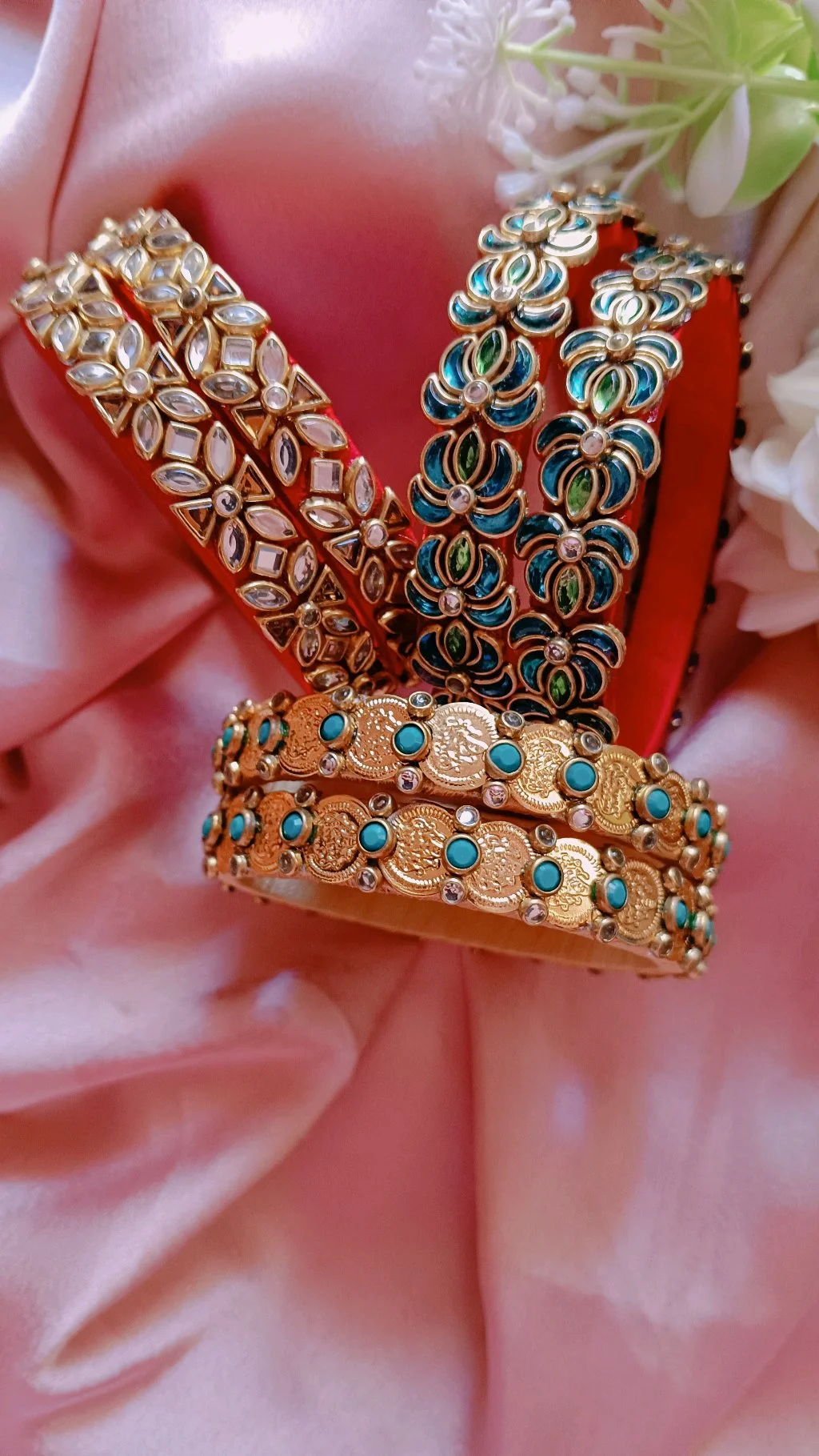 Traditional Bangle Set with Kundan Enamel and Coin Designs