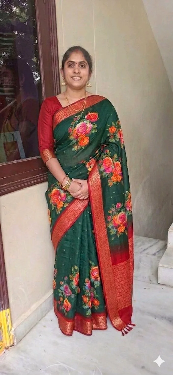 Green Floral Print Saree with Red Woven Border thumbnail 2