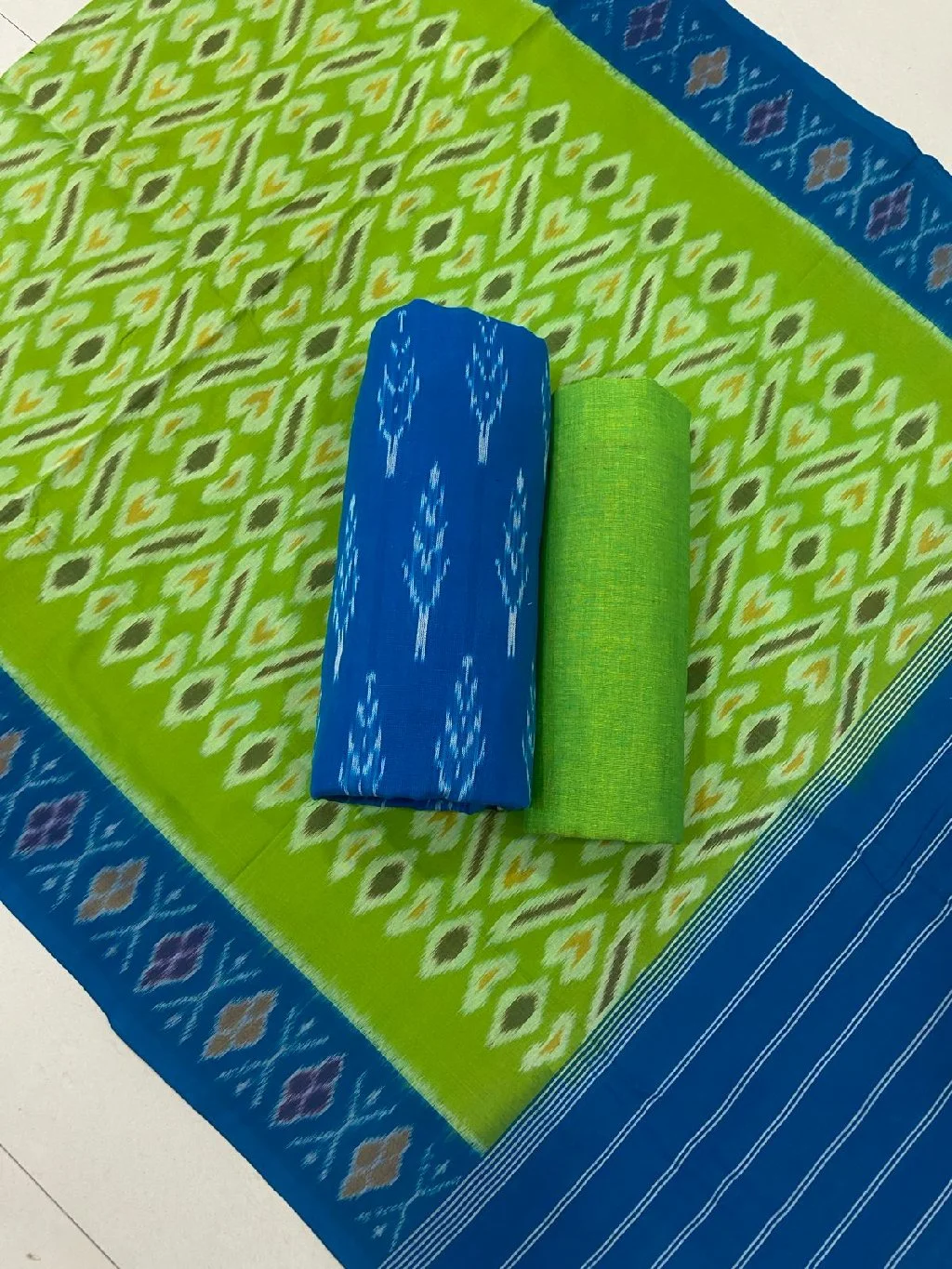 Black and Orange Ikat Print Cotton Dress Material Set - Variant 2