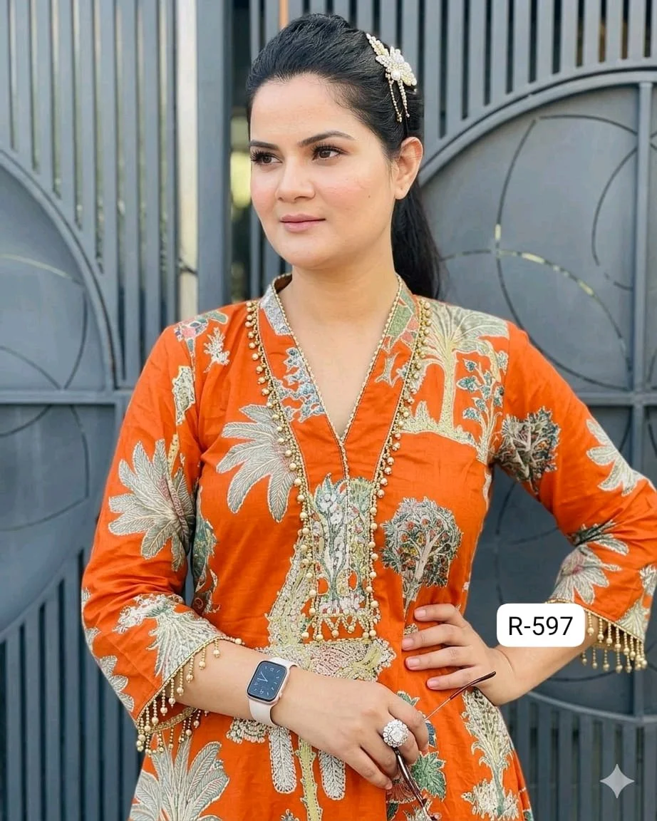 Code-R-597 FBRTulip Pants Set Highlights:• Premium pure cotton fabric• Eye-catching screen print design• Elegant gher-style kurti• Trendy tulip pants with lace finish• Designer latkan detailing on sleeves neckline hem and tulip pants• Perfect for festive, casual & day outingsColours-Orange,Yellow,Cream,Black,Blue,Red,Green,magentaQuality assured 100%Sizes-(34-44)(XS-XXL)plus sizes starts from 46-60 with extra chargePrice-1350 free shipPlus size chart and prices attached46/48-100 extra50/52-150 extra54/56-200 extra58/60-250 extraKeep shopping Keep selling 4