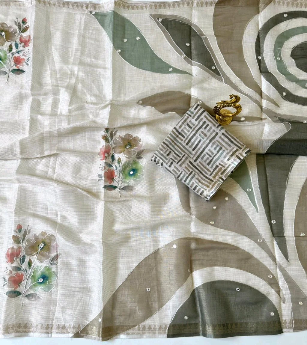 Light Beige Linen Blend Saree with Handpainted Floral Design and Geometric Blouse 9