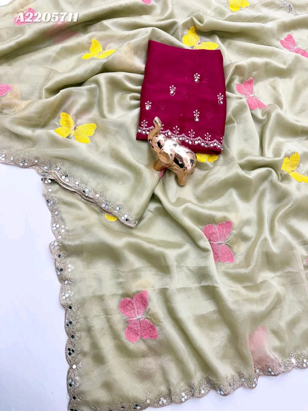 Light Green Organza Saree with Butterfly Embroidery and Mirror Work