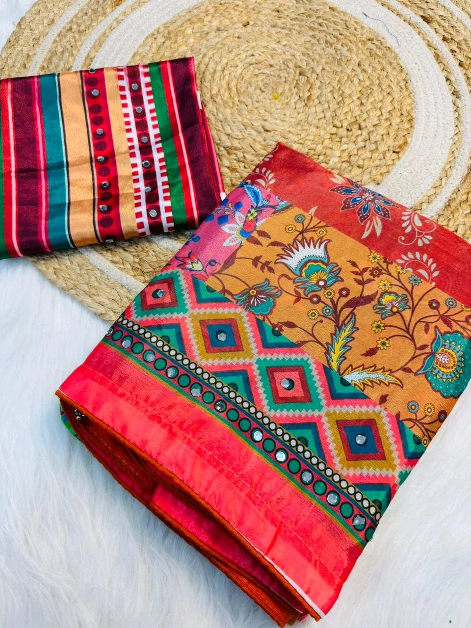 Ajrakh Sarees  with Mirror Work 8