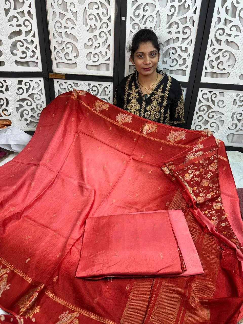 Red Silk Blend Dress Material with Zari Weave thumbnail 1