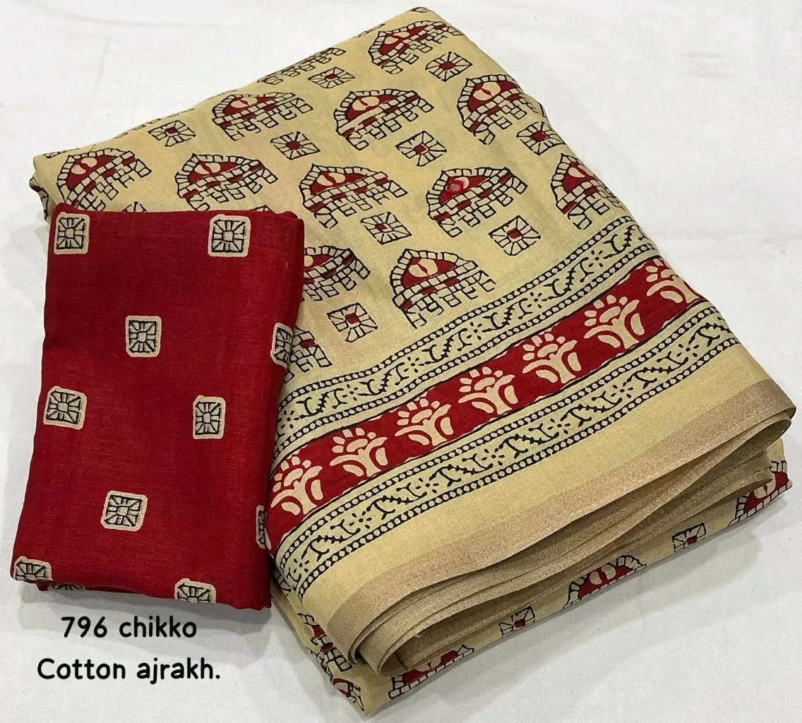 Ajrakh Cotton Saree with Red Prints 2