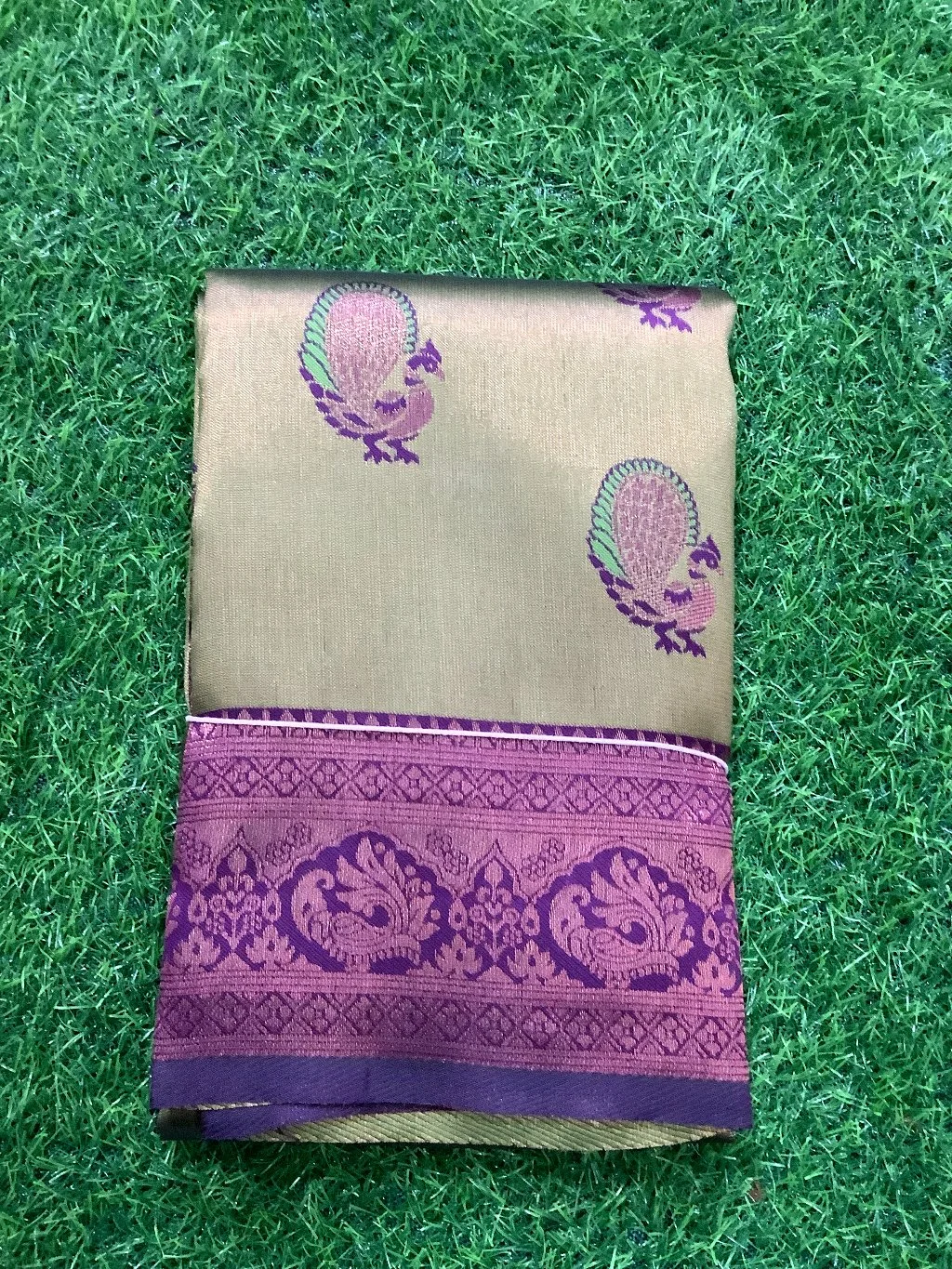 Golden Beige Silk Saree with Peacock Motifs