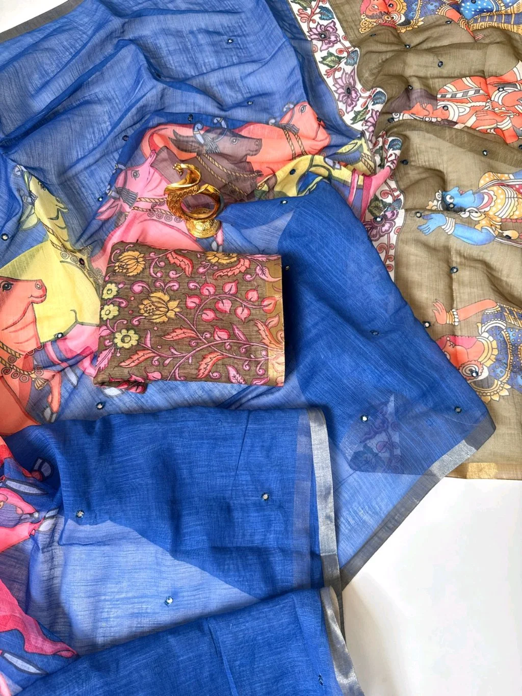 Linen Cotton Saree with Kalamkari Print Blouse 5