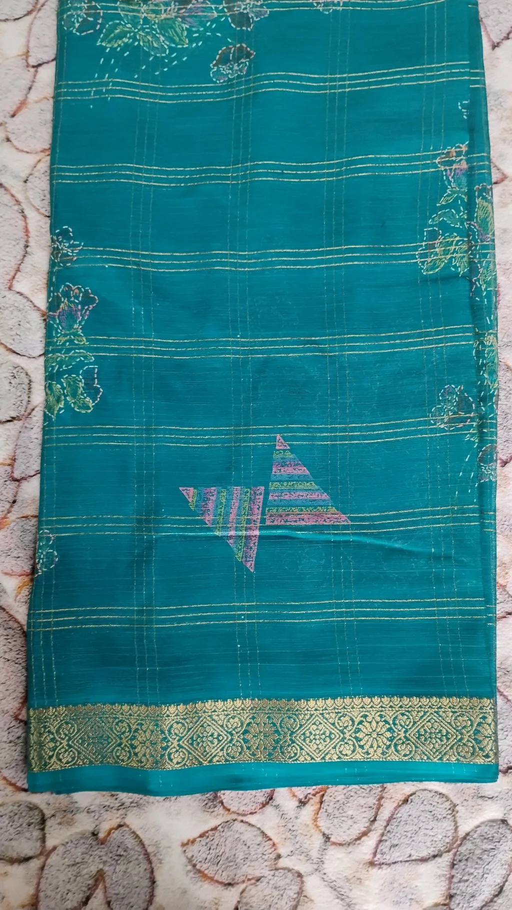 Teal Blue Checkered Saree with Floral Embroidery and Zari Border thumbnail 3