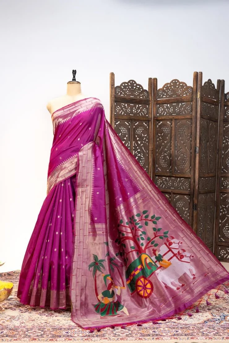 Magenta Paithani Style Silk Saree with Folk Art Painted Pallu - Variant 2
