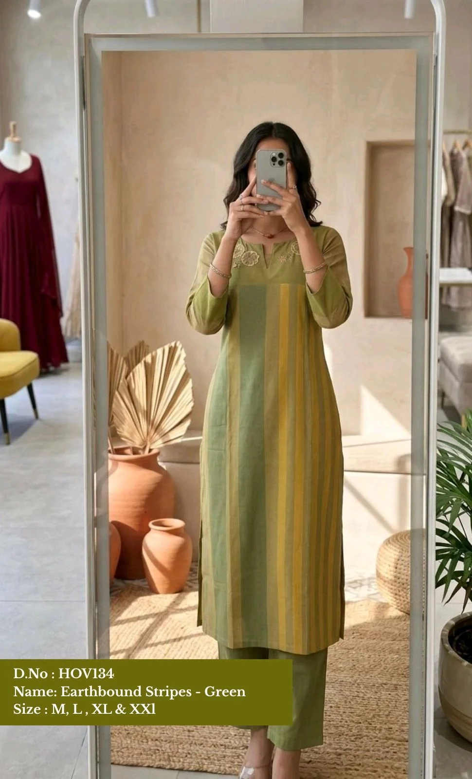 Earthbound Stripes Brick Brown and Green Embroidered Kurta Set 3